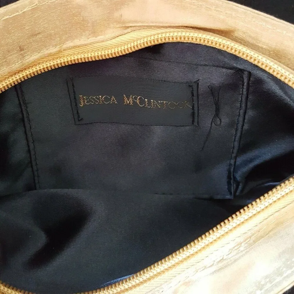 Vintage Jessica McClintock Womens Purse Gold Sateen Formal Clutch Bead Handle